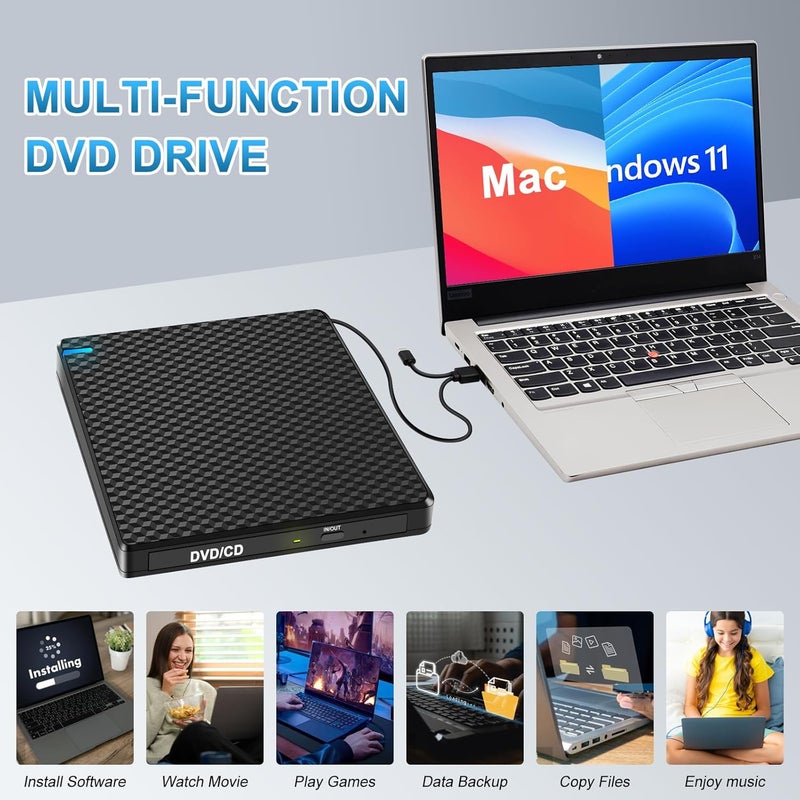 Guamar External DVD Drive for PC: USB-C Slim Portable CD Burner for Laptop Mac Windows 11 with SD/TF Slot/2 USB Ports Fast Data Transfer - Plug & Play - Image 2